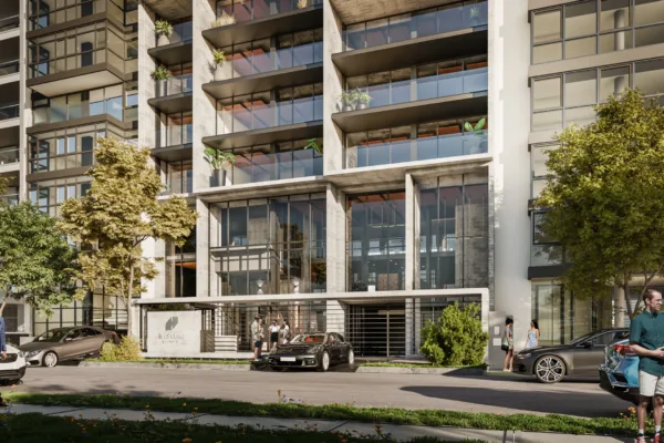 Mirando al hall desde la calle de día Mirando al hall desde la calle de día