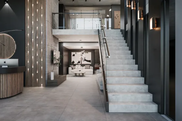 Hall de acceso, la escalera permite acceder al piso de amenities Hall de acceso, la escalera permite acceder al piso de amenities